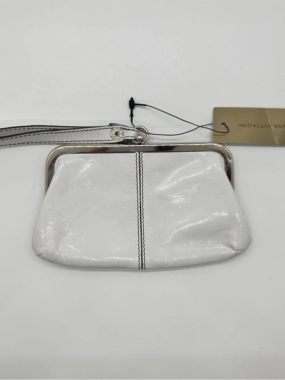 New Adrienne Vittadini White Leather Wristlet Coin Purse with Center Stitching